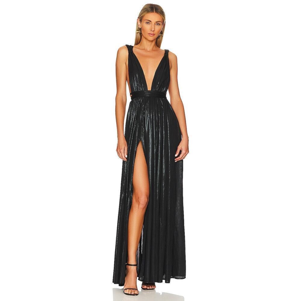 Bronx and Banco Goddess Metallic Side Slit Maxi Gown Evening Party Black Size M